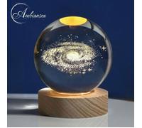 AMBIANSEA® Lampe veilleuse LED Voie lactée Galaxie Nébuleuse 3D Boule cristal Socle bois - Cadeau Noël Saint-Valentin Anniversaire