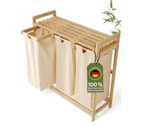 AMBIAVO Panier à Linge 3 Compartiments en Bambou et Coton Beige - Bac à Linge 3 Compartiment et Panier Linge Sale 3 Compartiment avec Sacs Amovibles - Tri Pratique et Éco pour Salle de Bain