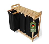 AMBIAVO Panier à Linge Beige 3 Compartiments en Bambou et Coton - Bac à Linge 3 Compartiment avec Sacs Amovibles - Tri du Linge Pratique pour Salle de Bain (Noir)