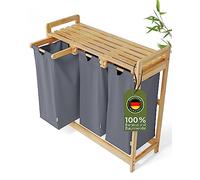 AMBIAVO Panier à Linge Beige 3 Compartiments en Bambou et Coton - Bac à Linge 3 Compartiment avec Sacs Amovibles - Tri du Linge Pratique pour Salle de Bain (Bleu-gris)