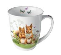 Ambiente Kaffeetasse Tee Becher Mug 0,4l Eichhörnchen Wiese Blumen Fine Bone China Porzellan Frühling Sommer Ostern serie little squirrels