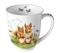 Ambiente Kaffeetasse Tee Becher Mug 0,4l Eichhörnchen Wiese Blumen Fine Bone China Porzellan Frühling Sommer Ostern serie little squirrels