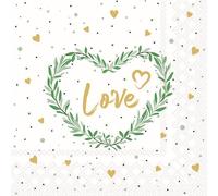 Ambiente Lot de 20 serviettes de table en papier avec motif « Mariage & Love » dans un cœur vert - Conviennent également pour le découpage et la technique des serviettes 33 x 33 cm