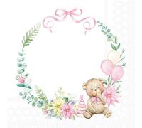 Ambiente Serviette Bébé Teddy 20 pcs. Imprimé d'un côté pour découpage, 33x33 cm, Blanc, Quartier Motif, Toute l'année, Papier Rose fuchsia