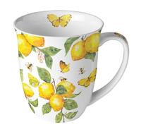 Ambiente Tasse en porcelaine Bone China - 400 ml - Blanc avec citrons et papillons - Diamètre : 10 cm - Pour café et thé - Blanc citron frais