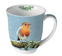 Ambiente Tasse en porcelaine d'environ 400 ml Tasse en porcelaine pour thé ou café Cadeaux Noel Automne Hiver Noël Robin on Branch