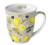 Ambiente Tasse en porcelaine d'environ 400 ml Tasse en porcelaine pour thé ou café Olives et citron