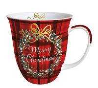 Ambiente Tasse en porcelaine - env. 400 ml - Tasse en porcelaine - Pour thé ou café, automne, hiver, Noël, plaid rouge