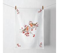 Ambiente Torchon de cuisine décoratif - 70 x 50 cm - 100 % coton - Rouge-gorge - Oiseaux dans paysage d'hiver - Hiver - Avent et Noël