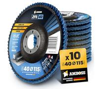 AMBOSS Lot de 10 disques à lamelles Ø 115 mm K40 pour acier/acier inoxydable - Polissage anti-rouille - Meuleuse d'angle professionnelle en zircon bleu