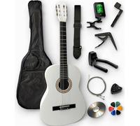 AMBRE - Pack Guitare Classique 4/4 Droitier + 10 Accessoires + CD & Cours Vidéo - Cordes Nylon, Livrée Accordée (Blanc, 4/4, Droitier)