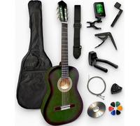 AMBRE - Pack Guitare Classique 4/4 Gaucher + 10 Accessoires + CD & Cours Vidéo - Cordes Nylon, Livrée Accordée (Vert, 4/4, Gaucher)