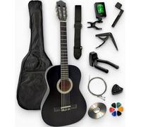 AMBRE - Pack Guitare Classique 4/4 Gaucher + 10 Accessoires + CD & Cours Vidéo - Cordes Nylon, Livrée Accordée (Noir, 4/4, Gaucher)