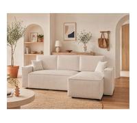 AMBRI L - Canapé d’angle convertible 4 places en velours côtelé beige - 235 cm
