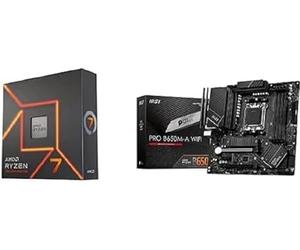 AMD Ryzen 7 7700X Processeur, 8 Cœurs/16 Threads Débridés, Architecture Zen 4, 40MB L3 Cache, 105W TDP + MSI Pro B650M-A WiFi Carte Mère, Micro-ATX - pour Processeurs AMD Ryzen 7000
