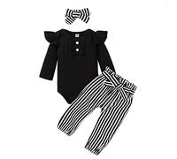 AMDOLE 3 Pièces Nouveau-né Bébé Filles Côtelé Barboteuse Hauts + Pantalon Rayé Bandeau Tenues Ensemble Enfants Chemise à Manches Longues Chapeaux Vêtements