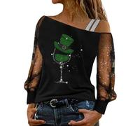 AMDOLE Chemise de la Saint-Patrick pour filles et femmes - Imprimé verre à vin décontracté - Maille à manches longues - Tenue tendance pour femme 2024, Noir A3, S