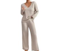 AMDOLE Ensemble de pyjama 2 pièces côtelé pour femme - Tenue de détente - Vêtements d'intérieur - Col en V - Manches longues - Pantalon large avec poches, beige, S