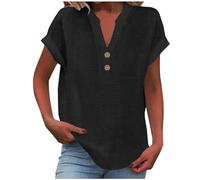 AMDOLE Hauts d'été 2025 pour femme en coton et lin à manches courtes, col en V, tunique tendance, ample, unie, décontractée, chemisier tendance, Noir , XL
