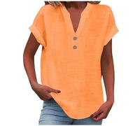 AMDOLE Hauts d'été 2025 pour femme en coton et lin à manches courtes, col en V, tunique tendance, ample, unie, décontractée, chemisier tendance, Orange, XL