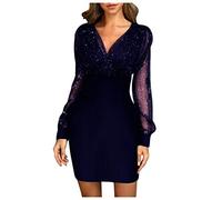 AMDOLE Robe A Paillette Femme Robe Sexy Chic Col V Robe À Manches Longues Tunique Élégant Soirée Fête Cocktail Shirt Robe de Fete Robe Réveillon (01B-Blue, XL)