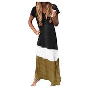 AMDOLE Robe avec poches longue courte col bloc couleur robe quotidienne ample femme V manches plus tie-dye taille robe à manches courtes robe t-shirt, Noir , M