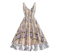 AMDOLE Robe Chemisier Robe Vintage à col en V pour Femme avec fle Lourde Robe de Taille (Purple, XL)