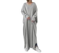 AMDOLE Robe de bal et mode d'hiver 2023 - En coton et lin - Couleur unie - Manches longues - Décontractée - Pour femme, gris, XXXL