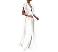 AMDOLE Robe de fête longue pour femme - Robe midi à volants et col en V - Taille A nouée - Robe de mariée - Grande taille, blanc, M