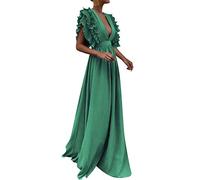 AMDOLE Robe de fête longue pour femme - Robe midi à volants et col en V - Taille A nouée - Robe de mariée - Grande taille, Vert, XXL