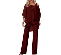 AMDOLE Robe de mariée pour mère de mariée élégant pantalon d'invité de mariage costume 2 pièces ensemble formel mousseline dentelle couleur unie loisirs confortables irrégulière soirée tenue mère de