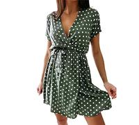 AMDOLE Robe d'été décontractée à manches courtes pour femme - Imprimé à pois - Robe d'été décontractée pour femme, Vert, L