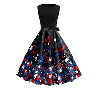 AMDOLE Robe d'été pour femme - Col rond - Sans manches - Imprimé drapeau américain - Style vintage - Rockabilly - Robe de cocktail, de bal de fin d'année, de soirée décontractée, bleu, M