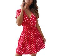 AMDOLE Robe d'été pour femmes décontractée à manches courtes imprimée à pois avec lacets Robe d'été décontractée d'affaires pour femmes Rouge