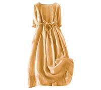 AMDOLE Robe en lin pour femme, style rétro, plissée, à lacets, avec poches, robe élégante pour femme, jaune, XL