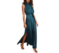 AMDOLE Robe longue d'été avec poches pour femmes, robe longue formelle en satin, col montant, sans manches, fente latérale, robe débardeur fluide, taille L, bleu, XXL