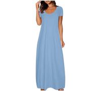 AMDOLE Robe longue d'été décontractée à manches courtes pour femme - Col rond - Robe d'été unie - Coupe ample - Vêtements grande taille
