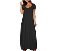 AMDOLE Robe longue d'été décontractée à manches courtes pour femme - Col rond - Robe d'été unie - Coupe ample - Vêtements grande taille, 2-Noir, 4XL