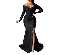 AMDOLE Robe Longue Été Grande Taille Femmes col en V Profond Manches Courtes Robes Longues plissé Taille Haute Fente Club soirée Maxi Dres Robe Femme Bleu Vert (Black, L)