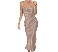 AMDOLE Robe Longue Moulante Robe en Satin à Bretelles féminines Robe de Jupe en Queue de Poisson Mince tempérament de Couleur Unie Longue Robe Jean (Gold, S)