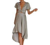 AMDOLE Robe longueur au sol pour femme - Robe tendance douce - Imprimé couleur unie - Robe de fête à paillettes - Col en V profond - Manches courtes - Élégante - Robe fine pour femme avec fente, Vert,
