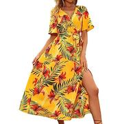 AMDOLE Robe multi-usage 2023 d'été pour femmes, robe européenne et américaine, robe longue fendue imprimée, tenue de plage grande taille, jaune, L