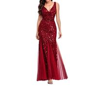 AMDOLE Robe Rouge Longue Queue de Poisson pour Femmes brodées sans Manches col en V Mariage Demoiselle d'honneur soirée Longue Robe étage Longueur Bandage Bal Robes de Bal Robes Longues pour