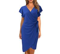 AMDOLE Robe Tulle Womens Deep V Neck Ruffle Sleeve Casual Cocktail Party Work Faux Wrap Dress Robe Coeur (Blue, XXL)