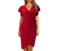 AMDOLE Robe Tulle Womens Deep V Neck Ruffle Sleeve Casual Cocktail Party Work Faux Wrap Dress Robe Coeur (Red, XL)