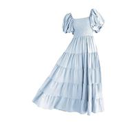 AMDOLE Robes de soirée pour l'automne pour femme, couleur unie, manches bouffantes, décontractée, asymétrique, plissée, flottante, robe de plage bohème à manches courtes, BU1., S