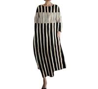 AMDOLE Robes en lin pour femme - Col rond - Manches longues - Imprimé - Col en V - Pour femme, beige, M