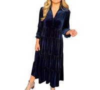AMDOLE Robes Longues Hiver Robe Ample et Amincissante en Velours pour Femmes, Couleur Unie, Ourlet Large, col en V Robe Grande Taille Noir (Navy, XXL)
