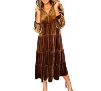 AMDOLE Robes Longues Hiver Robe Ample et Amincissante en Velours pour Femmes, Couleur Unie, Ourlet Large, col en V Robe Grande Taille Noir (Khaki, XXXL)