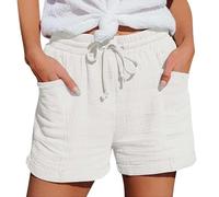 AMDOLE Short en lin pour femme - Couleur unie - Cordon de serrage - Taille élastique - Avec poches - Pantalon ample décontracté - Vêtements d'été - Short de plage en coton pour femme, Blanc D., M